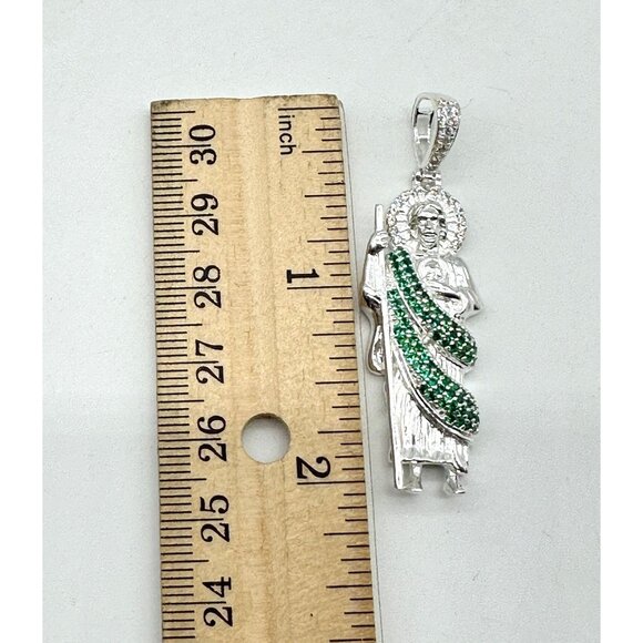 925 Sterling Silver Pendant Unisex St Jude San Judas Tadeo Green & White CZ Ston - Picture 5 of 6
